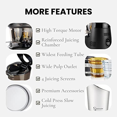 Sana Wide Mouth Premium Cold Pressed Vertical Juicer | Patented Trap Door System | Includes 2 Premium Accessories | 240W High Torque Motor | 15 Year Warranty (Black)