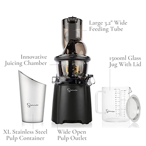 Sana Wide Mouth Premium Cold Pressed Vertical Juicer | Patented Trap Door System | Includes 2 Premium Accessories | 240W High Torque Motor | 15 Year Warranty (Black)