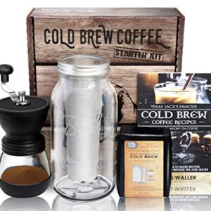 Cold Brew Coffee Maker Starter Kit - Half Gal Mason Jar | Stainless Filter Basket | Ceramic Burr Grinder | Half Pound Certified Organic Whole Bean Cold Brew Blend | Recipe & Instruction Book