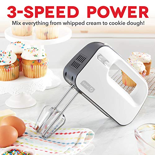 Dash SmartStore™ Deluxe Compact Electric Hand Mixer + Whisk and Milkshake Attachment for Whipping, Mixing Cookies, Brownies, Cakes, Dough, Batters, Meringues & More, 3 Speed, 150-Watt – Grey