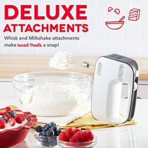 Dash SmartStore™ Deluxe Compact Electric Hand Mixer + Whisk and Milkshake Attachment for Whipping, Mixing Cookies, Brownies, Cakes, Dough, Batters, Meringues & More, 3 Speed, 150-Watt – Grey