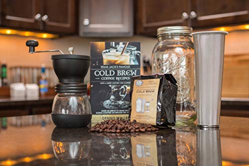 Cold Brew Coffee Maker Starter Kit - Half Gal Mason Jar | Stainless Filter Basket | Ceramic Burr Grinder | Half Pound Certified Organic Whole Bean Cold Brew Blend | Recipe & Instruction Book