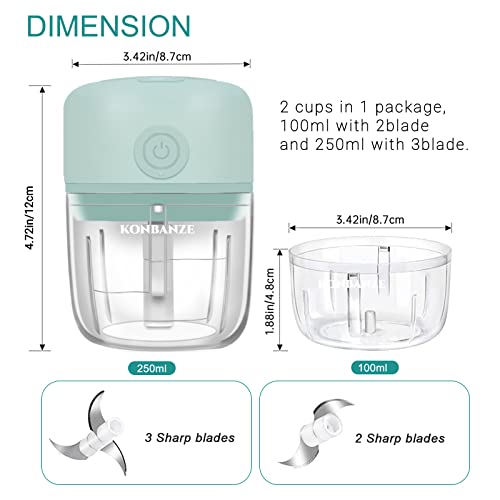 KONBANZE 2-CUP Electric Portable Mini Garlic Onion Chopper Crusher Small Food Processor Mini Food Processor Masher USB Charging Food Vegetable Cutter Kitchen Gadgets (GREEN)