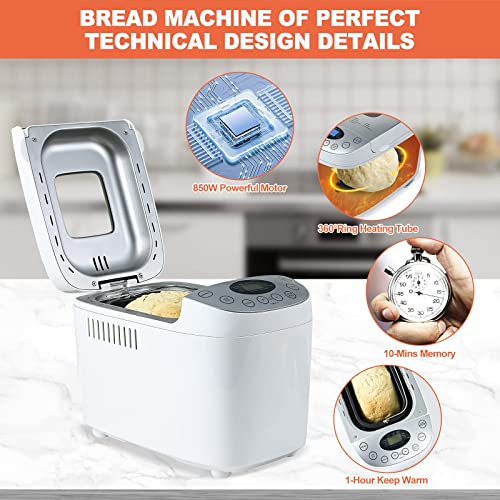 Patioer 3.5LB Bread Maker Machine 15-in-1 Automatic Bread Machine with Dual Kneading Paddles Breadmaker with Touch Panel&LCD Display,Gluten Free Setting,3 Loaf Sizes 3 Crust Colors,15 Hours Delay Timer,Nonstick Baking Pan,White