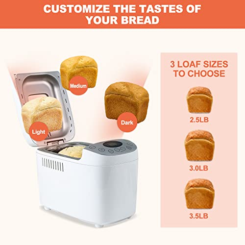 Patioer 3.5LB Bread Maker Machine 15-in-1 Automatic Bread Machine with Dual Kneading Paddles Breadmaker with Touch Panel&LCD Display,Gluten Free Setting,3 Loaf Sizes 3 Crust Colors,15 Hours Delay Timer,Nonstick Baking Pan,White