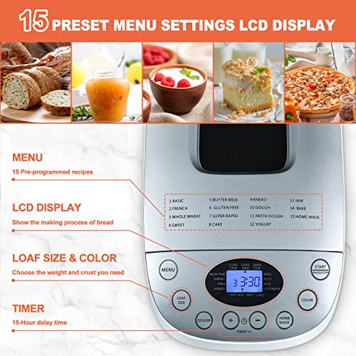 Patioer 3.5LB Bread Maker Machine 15-in-1 Automatic Bread Machine with Dual Kneading Paddles Breadmaker with Touch Panel&LCD Display,Gluten Free Setting,3 Loaf Sizes 3 Crust Colors,15 Hours Delay Timer,Nonstick Baking Pan,White