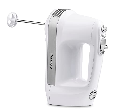 Kenmore 5-Speed Hand Mixer/Blender, 250 Watts, with Beaters, Dough Hooks, Liquid Blending Rod, Automatic Cord Retract, Burst Control, and Clip-On Accessory Storage