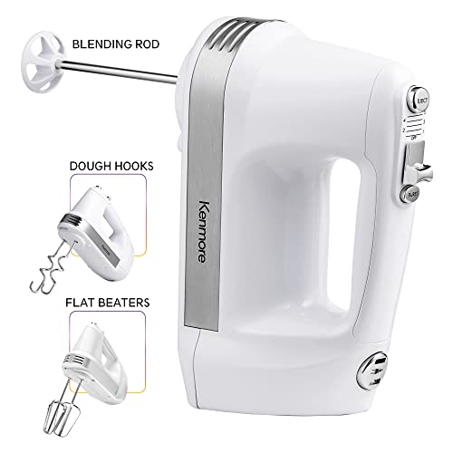 Kenmore 5-Speed Hand Mixer/Blender, 250 Watts, with Beaters, Dough Hooks, Liquid Blending Rod, Automatic Cord Retract, Burst Control, and Clip-On Accessory Storage