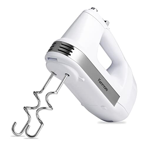 Kenmore 5-Speed Hand Mixer/Blender, 250 Watts, with Beaters, Dough Hooks, Liquid Blending Rod, Automatic Cord Retract, Burst Control, and Clip-On Accessory Storage