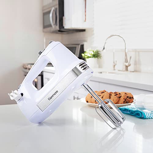 Kenmore 5-Speed Hand Mixer/Blender, 250 Watts, with Beaters, Dough Hooks, Liquid Blending Rod, Automatic Cord Retract, Burst Control, and Clip-On Accessory Storage