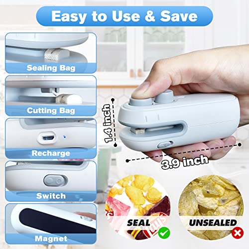 TYHJOY Mini Bag Sealer, 2 in 1 Chip Bag Sealer For Snacks, Rechargeable Handheld Plastic Bag Resealer, Mini Sealing Machine for Keep Food Chips Cookies Fresh - White