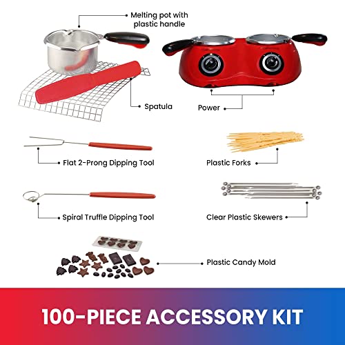 Total Chef Deluxe Chocolatiere Dual Electric Melter for Chocolate and Candy Melts, 17.6 oz (500 g), Fondue Pot, DIY Candy Maker with 100+ Piece Accessory Kit for Dessert, Special Occasion, Red