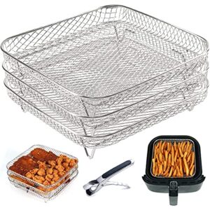 8 inch square air fryer rack, set of 3, stackable multi-layer stainless steel dehydrator rack, square air fryer accessories for cosori, instant vortex, nuwave air fryer