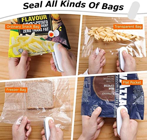 Mini Bag Sealer, Portable Sealing Bags Machine, Handheld Heat Food Vacuum Sealer Machine with Cutter and Hook for Snack, Plastic Bags, Storage, Potato Chip Cookie Bags (White-2pc)