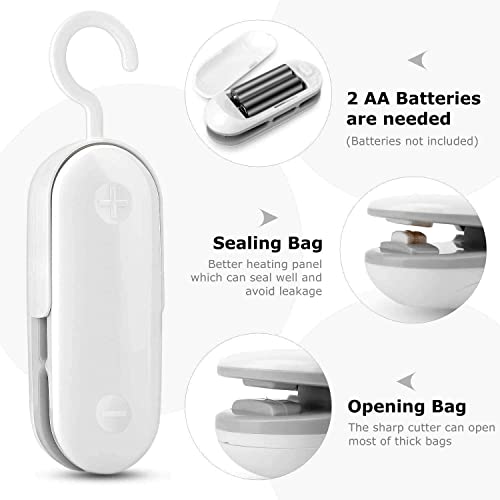 Mini Bag Sealer, Portable Sealing Bags Machine, Handheld Heat Food Vacuum Sealer Machine with Cutter and Hook for Snack, Plastic Bags, Storage, Potato Chip Cookie Bags (White-2pc)