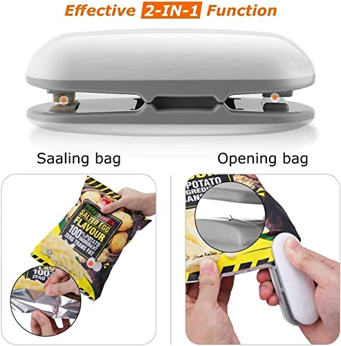 Mini Bag Sealer, Portable Sealing Bags Machine, Handheld Heat Food Vacuum Sealer Machine with Cutter and Hook for Snack, Plastic Bags, Storage, Potato Chip Cookie Bags (White-2pc)
