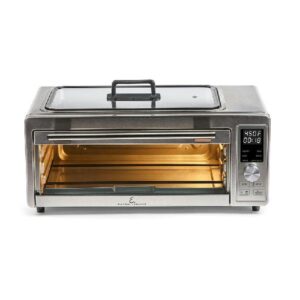 emeril power grill 360, 6-in-1 countertop convection toaster oven with top indoor grill, air fry, roast, toast, bake, dehydrate, glass lid, stainless steel