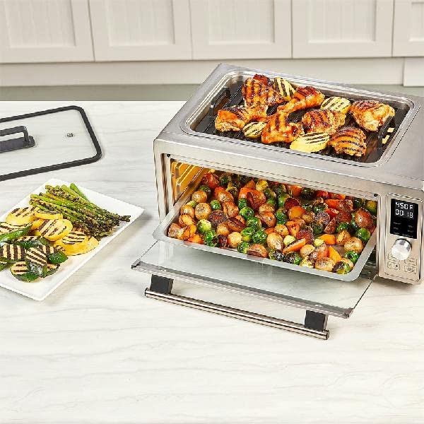 Emeril Power Grill 360, 6-in-1 Countertop Convection Toaster Oven with Top Indoor Grill, Air Fry, Roast, Toast, Bake, Dehydrate, Glass Lid, Stainless Steel