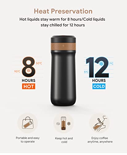 i cafilas Portable French Press Coffee Maker with Unique Filter Vacuum Insulated Travel Coffee Mug 12oz Hot/Cold Brew Coffee Press Stainless Steel Coffee & Tea Maker Great for Camping and Travel