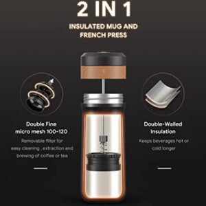 i cafilas Portable French Press Coffee Maker with Unique Filter Vacuum Insulated Travel Coffee Mug 12oz Hot/Cold Brew Coffee Press Stainless Steel Coffee & Tea Maker Great for Camping and Travel