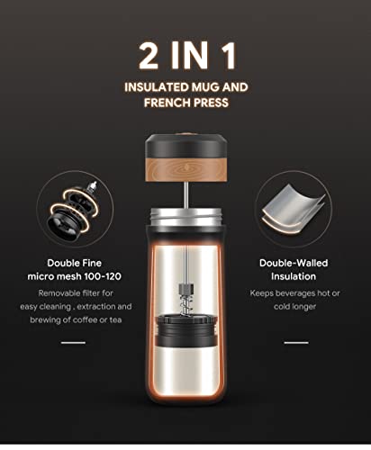 i cafilas Portable French Press Coffee Maker with Unique Filter Vacuum Insulated Travel Coffee Mug 12oz Hot/Cold Brew Coffee Press Stainless Steel Coffee & Tea Maker Great for Camping and Travel