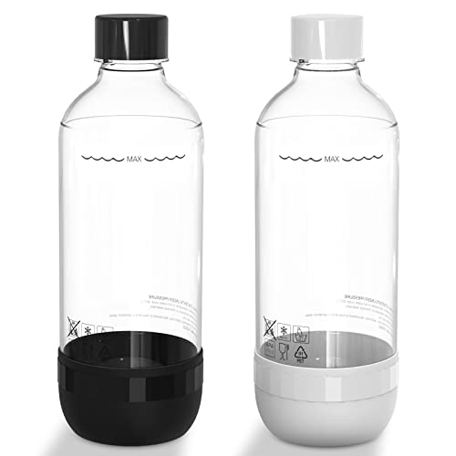 Thorder 1L Sparkling Water Maker Bottles, BPA-free, Reusable PET Soda Maker Bottles for Soda Machine (Black+White) Pack of 2