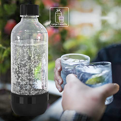 Thorder 1L Sparkling Water Maker Bottles, BPA-free, Reusable PET Soda Maker Bottles for Soda Machine (Black+White) Pack of 2