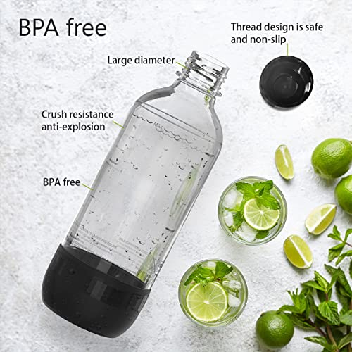 Thorder 1L Sparkling Water Maker Bottles, BPA-free, Reusable PET Soda Maker Bottles for Soda Machine (Black+White) Pack of 2