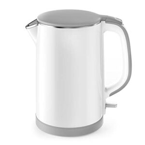 miroc electric kettle, double wall 100percent stainless steel cool touch tea kettle with 1500w fast boiling heater, cordless with auto shut-off & boil dry protection, bpa-free, white