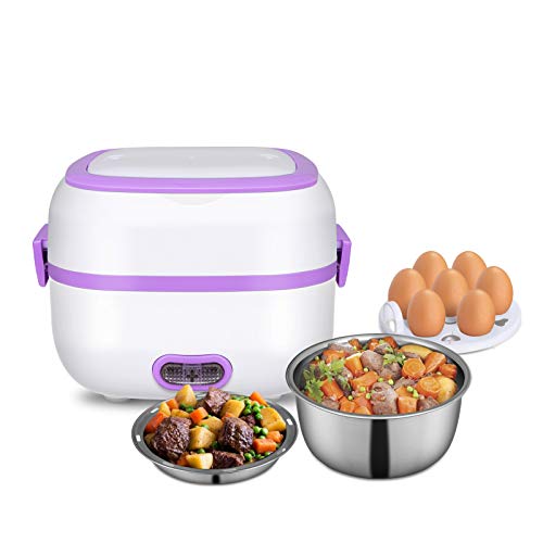 GQU Electric Lunch Box, 3 In 1 Food Heater/Cooker/Steamer with Stainless Steel Bowls, Egg Steaming Tray, Spoon, Measuring Cup for Office, School, Home, Travel