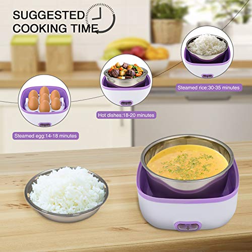 GQU Electric Lunch Box, 3 In 1 Food Heater/Cooker/Steamer with Stainless Steel Bowls, Egg Steaming Tray, Spoon, Measuring Cup for Office, School, Home, Travel