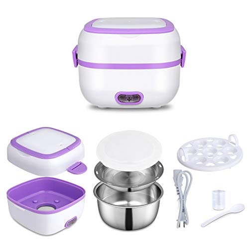 GQU Electric Lunch Box, 3 In 1 Food Heater/Cooker/Steamer with Stainless Steel Bowls, Egg Steaming Tray, Spoon, Measuring Cup for Office, School, Home, Travel