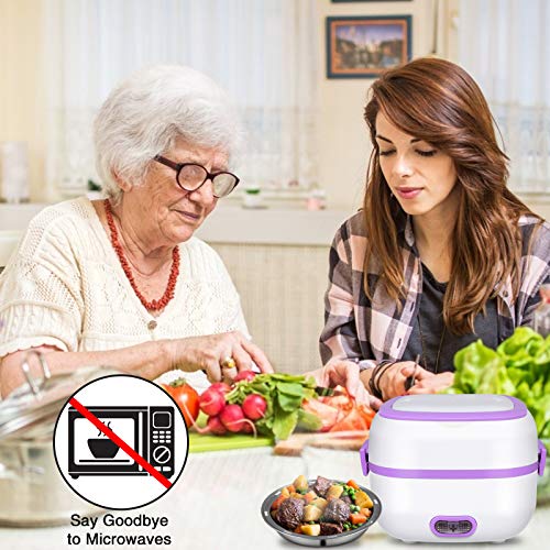 GQU Electric Lunch Box, 3 In 1 Food Heater/Cooker/Steamer with Stainless Steel Bowls, Egg Steaming Tray, Spoon, Measuring Cup for Office, School, Home, Travel