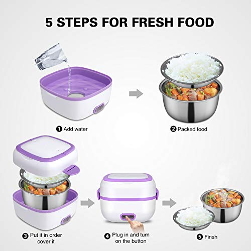 GQU Electric Lunch Box, 3 In 1 Food Heater/Cooker/Steamer with Stainless Steel Bowls, Egg Steaming Tray, Spoon, Measuring Cup for Office, School, Home, Travel