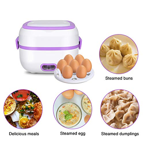 GQU Electric Lunch Box, 3 In 1 Food Heater/Cooker/Steamer with Stainless Steel Bowls, Egg Steaming Tray, Spoon, Measuring Cup for Office, School, Home, Travel