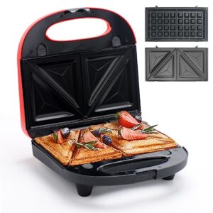 sandwich maker, waffle maker, multifun 2-in-1 removable non-stick plates,food grade premium stainless steel, led indicator lights,cool touch handle, suitable for breakfast, lunch, snacks, 750w
