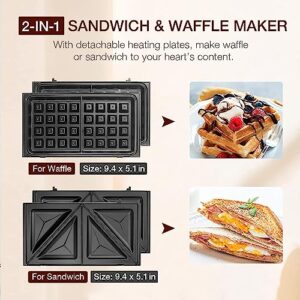 Sandwich Maker, Waffle Maker, multifun 2-in-1 Removable Non-Stick Plates,Food Grade Premium Stainless Steel, LED Indicator Lights,Cool Touch Handle, Suitable for Breakfast, Lunch, Snacks, 750W