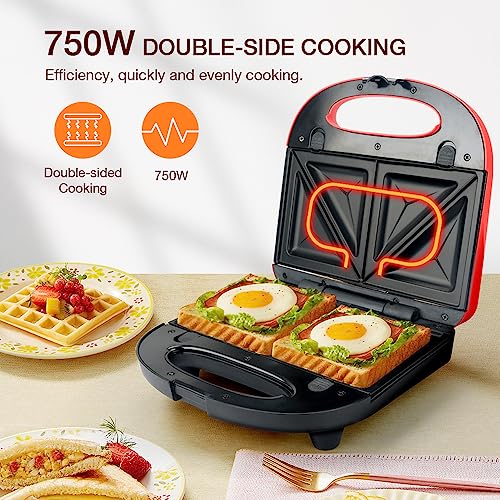 Sandwich Maker, Waffle Maker, multifun 2-in-1 Removable Non-Stick Plates,Food Grade Premium Stainless Steel, LED Indicator Lights,Cool Touch Handle, Suitable for Breakfast, Lunch, Snacks, 750W