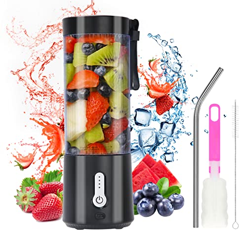 Portable Blender for Shakes and Smoothies, 15oz Mini Blender USB Rechargeable Personal Blender with 6 Blades Blender Cup for Fresh Juices, Milkshake, Smoothies/ice, Salad Dressing, Baby Food (Black)