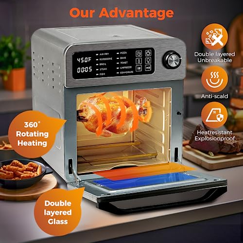 HYSapientia Air Fryer Convection Oven Combo, 16 Quart Digital Knob 10-in-1 Toaster Oven Countertop Small Place, 1800W Stainless Steel, Full Accessory Set