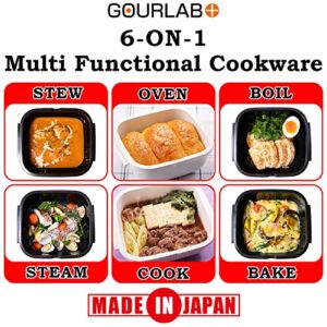 GOURLAB+ Microwave Cookware 6 in 1 Anyday Cookware Freezer & Oven Safe, Japanese Rice Cooker, Ramen Microwave Steamer Microwave Bacon Cooker (White) - Made in Japan