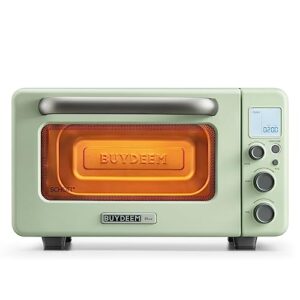 buydeem t103 multifunction toaster oven, no pre-heat needed, 12qt 7-in-1 mini smart digital toaster oven with grill rack and baking tray, 1600w (cozy greenish)