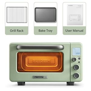 BUYDEEM T103 Multifunction Toaster Oven, No Pre-Heat Needed, 12QT 7-in-1 Mini Smart Digital Toaster Oven with Grill Rack and Baking Tray, 1600W (Cozy Greenish)