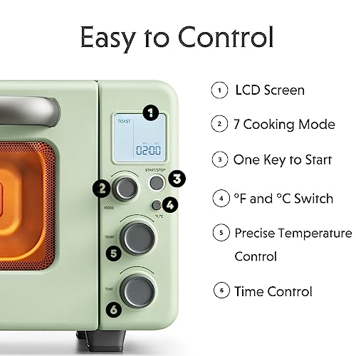 BUYDEEM T103 Multifunction Toaster Oven, No Pre-Heat Needed, 12QT 7-in-1 Mini Smart Digital Toaster Oven with Grill Rack and Baking Tray, 1600W (Cozy Greenish)