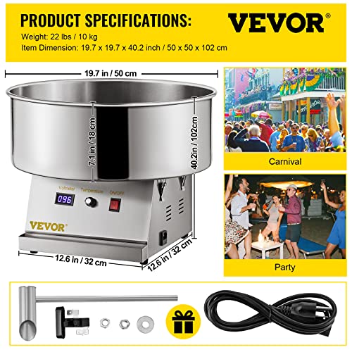 VEVOR Electric Cotton Candy Machine, 19.7-inch Cotton Candy Maker, 1050W Candy Floss Maker, Silver Commercial Cotton Candy Machine with Stainless Steel Bowl and Sugar Scoop, Perfect for Family Party