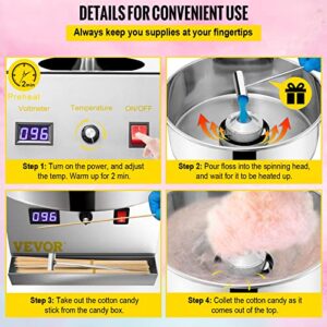 VEVOR Electric Cotton Candy Machine, 19.7-inch Cotton Candy Maker, 1050W Candy Floss Maker, Silver Commercial Cotton Candy Machine with Stainless Steel Bowl and Sugar Scoop, Perfect for Family Party