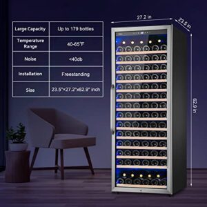 Wine Cooler Refrigerator, Velieta 179 Bottles Professional Wine Cellars with Powerful Compressor,Quiet Operation and Elegant Design for The Wine Enthusiast, silver, 23.5inches×27.2inchesx62.9inches