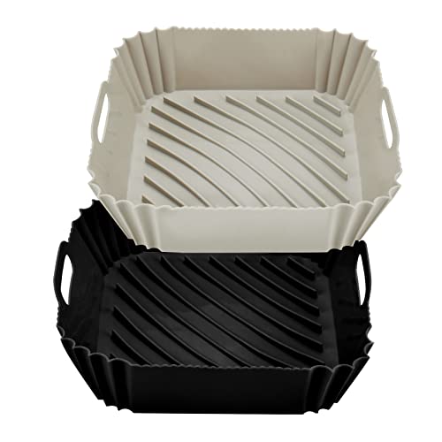 Air Fryer Liners – Durable Air Fryer Silicone Liners – Air Fryer Liners Square with Practical Handles – Dishwasher and Oven Friendly Silicone Air Fryer Basket – 2pcs (Black+Grey)