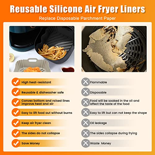 Air Fryer Liners – Durable Air Fryer Silicone Liners – Air Fryer Liners Square with Practical Handles – Dishwasher and Oven Friendly Silicone Air Fryer Basket – 2pcs (Black+Grey)