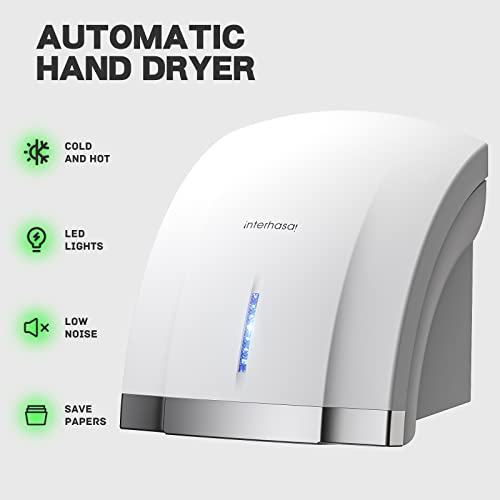 interhasa! Commercial Hand Dryer, Automatic Electric Hand Dryer 1800W High Speed Hand Dryer for Commercial and Household Noise Reduction （White）